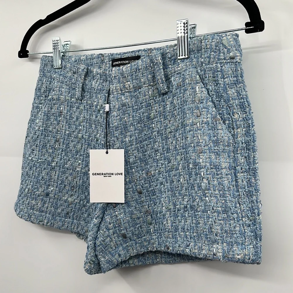 🆕 Generation Love Faye Tweed Knit Shorts Light Blue Multi With Pockets - Picture 2 of 13